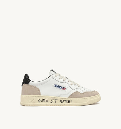 Autry Medalist Low Sneaker – White/Black Leather & Suede with Lettering