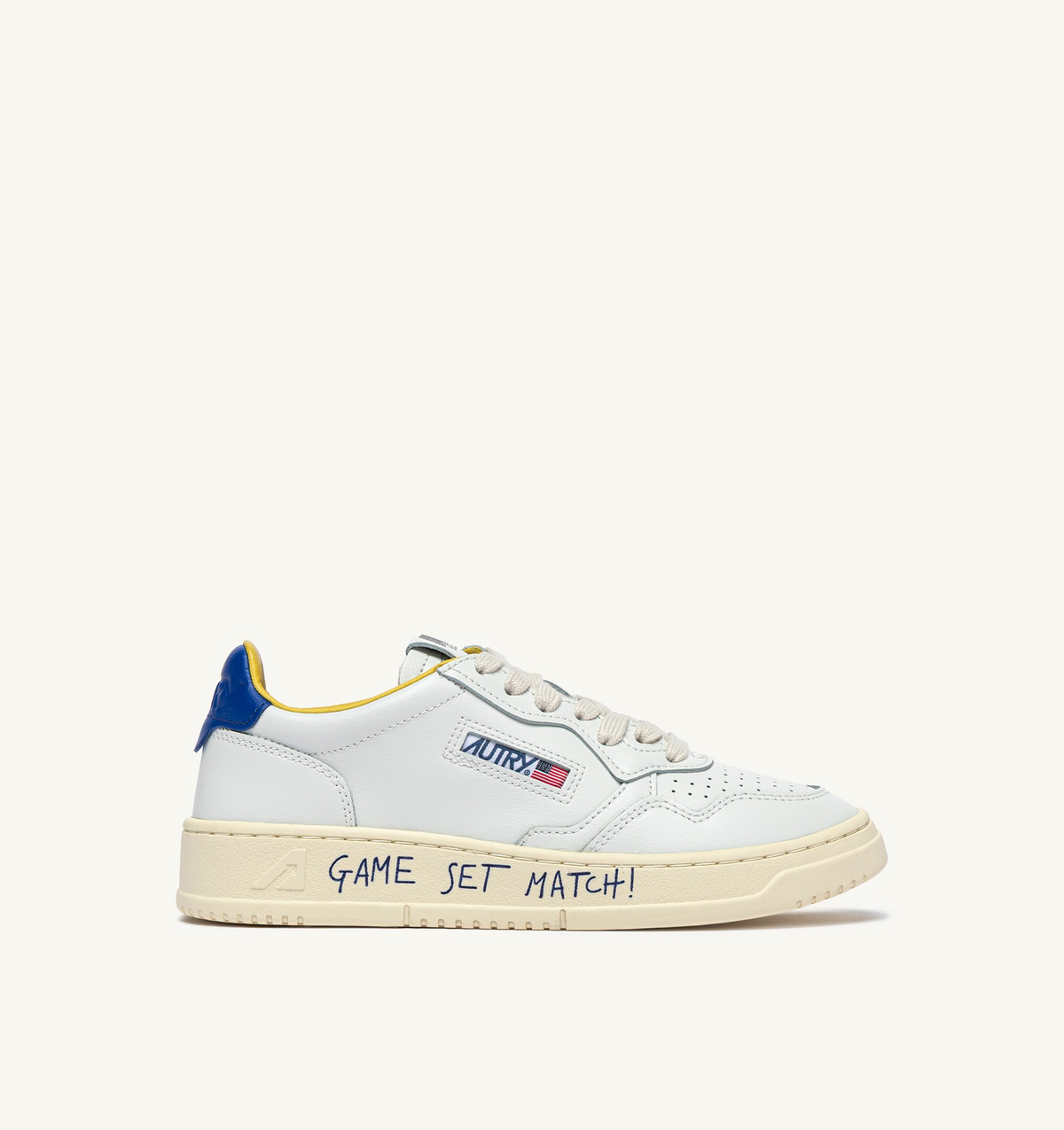 Autry Medalist Low Sneaker – White/Beau Blue Leather with Lettering