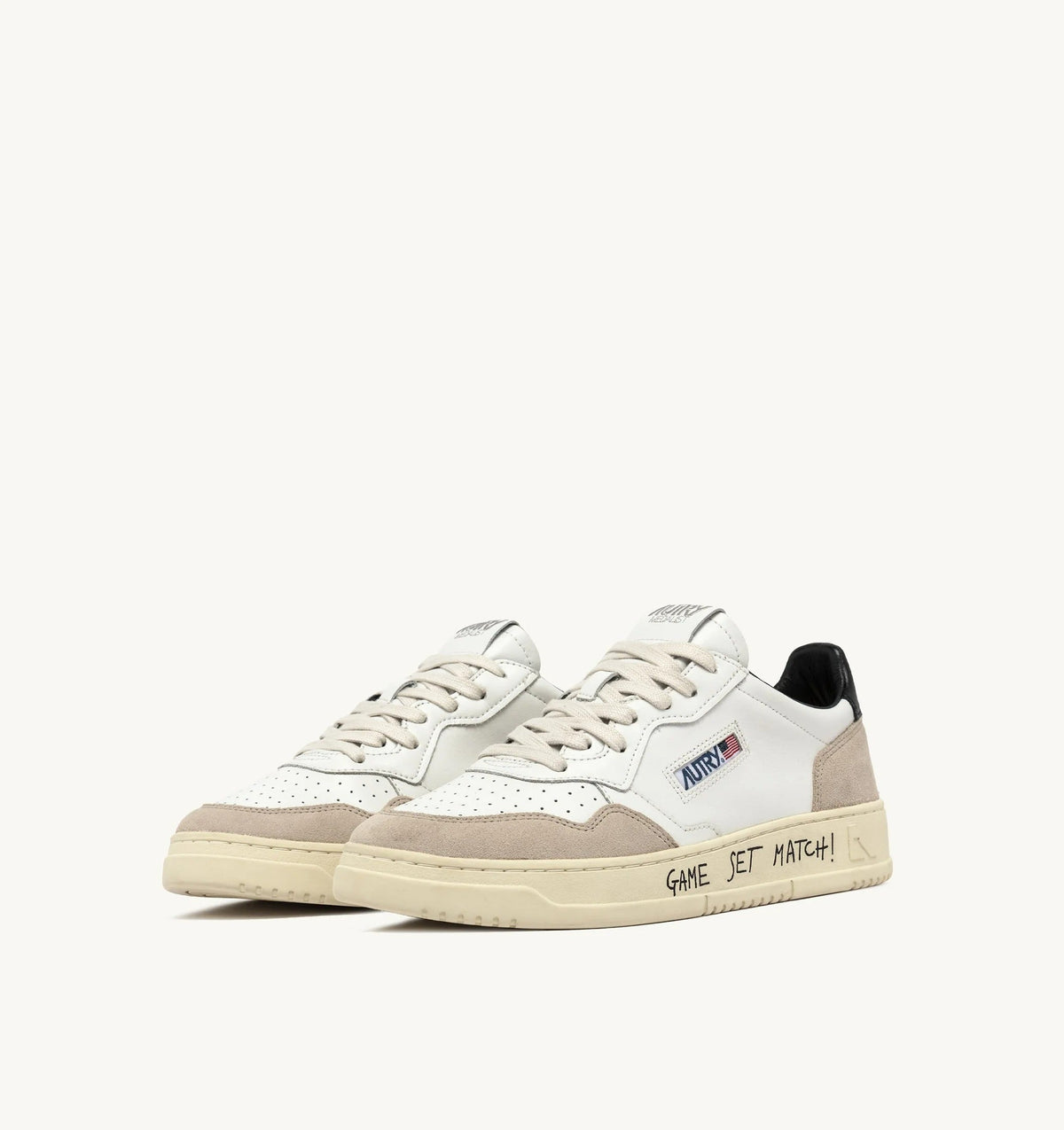 Autry Medalist Low Sneaker – White/Black Leather & Suede with Lettering
