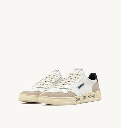 Autry Medalist Low Sneaker – White/Black Leather & Suede with Lettering