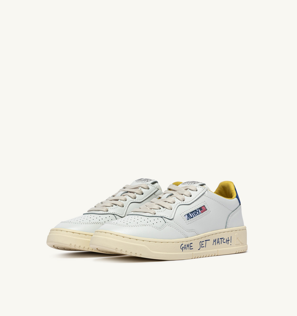 Autry Medalist Low Sneaker – White/Beau Blue Leather with Lettering
