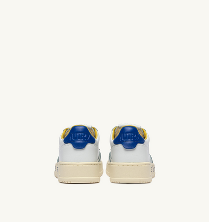 Autry Medalist Low Sneaker – White/Beau Blue Leather with Lettering