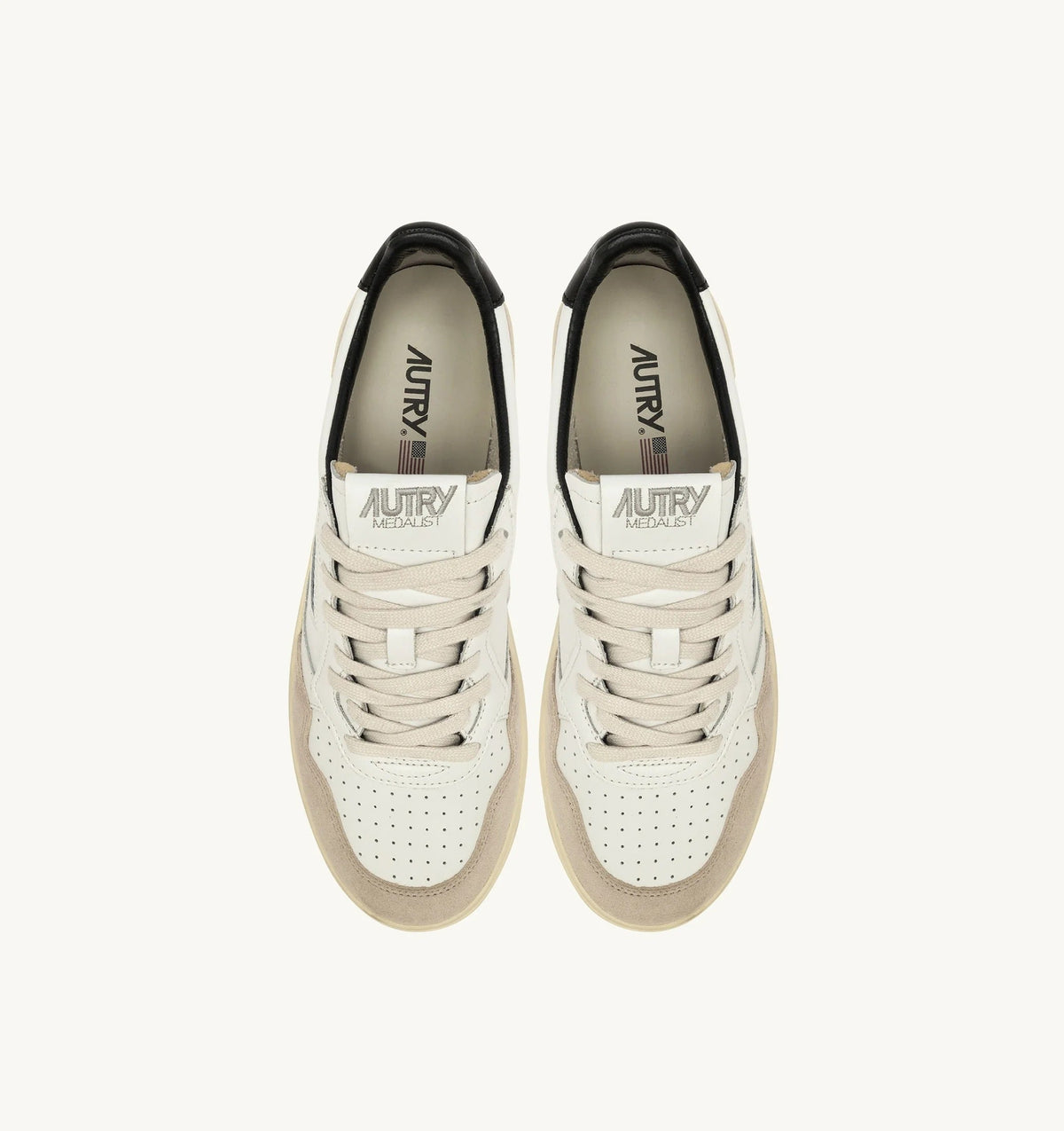 Autry Medalist Low Sneaker – White/Black Leather & Suede with Lettering