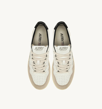 Autry Medalist Low Sneaker – White/Black Leather & Suede with Lettering