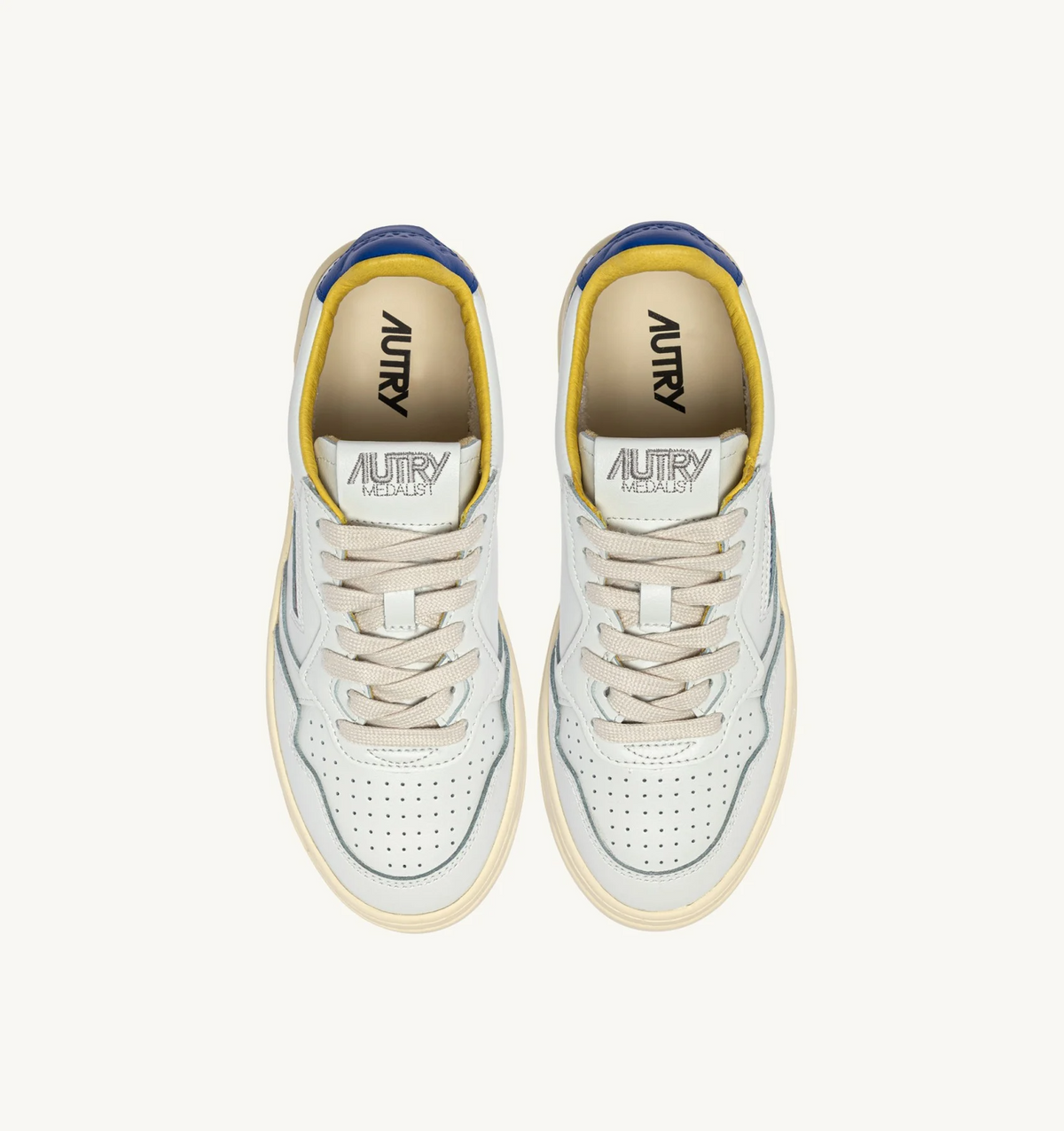 Autry Medalist Low Sneaker – White/Beau Blue Leather with Lettering