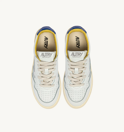 Autry Medalist Low Sneaker – White/Beau Blue Leather with Lettering