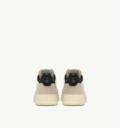 Autry Medalist Low Sneaker – White/Black Leather & Suede with Lettering
