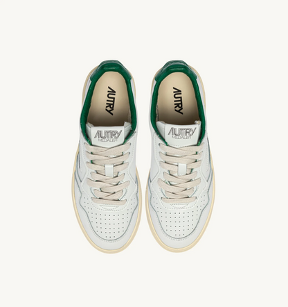Autry Medalist Low Sneakers In Leather Color White And Green Jacket With Lettering